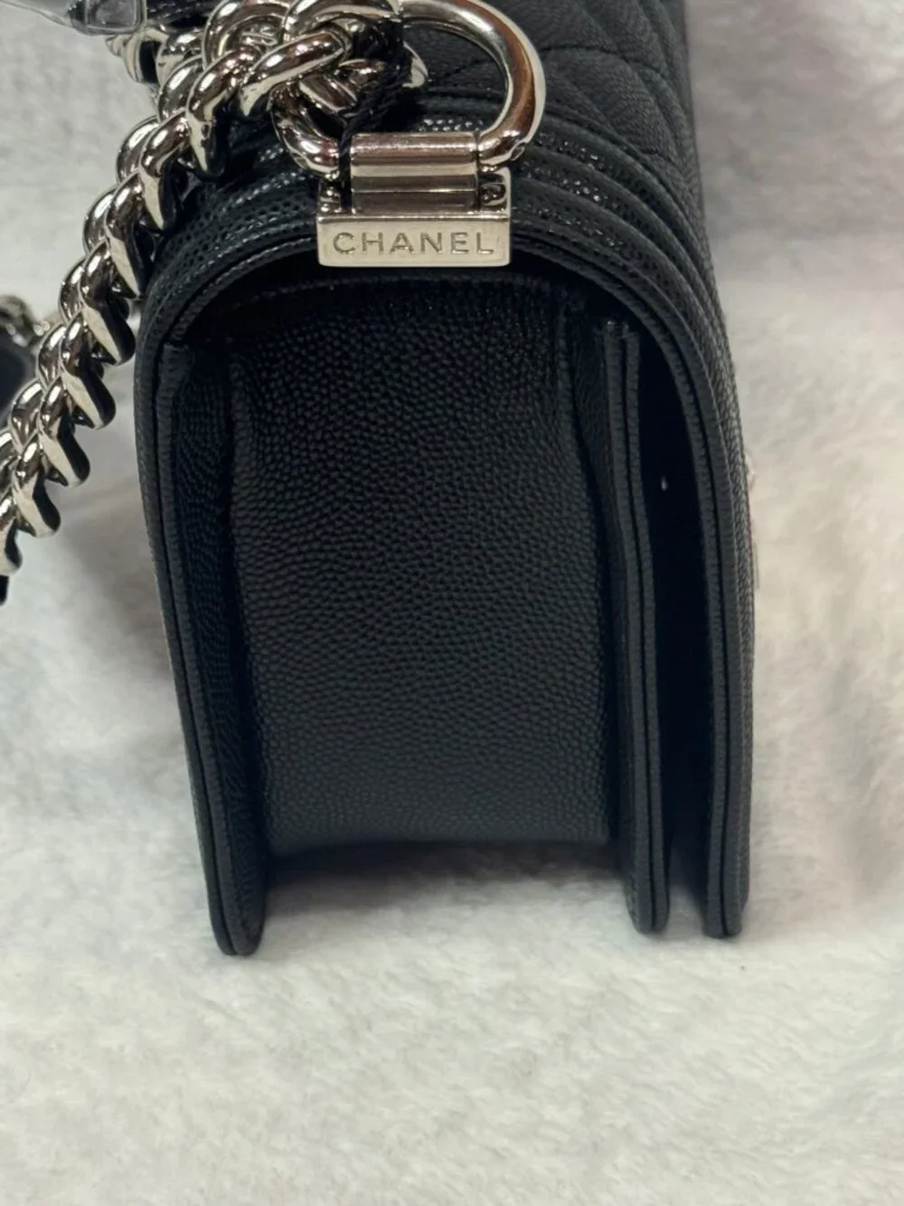 CHANEL Small Boy Flap Bag Black Caviar Silver Ruthenium Hardware Quilted Crossbo